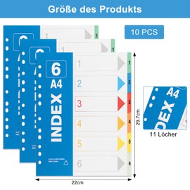 APOMOONS 10pcs 1-6 Register Trennblätter für Ordner A4 Ordner-Register 1-6 Teiliges mit 11 Löchern Ringbücher PP Trennblätter A4 für die Im Büro Ordner-Organisation Dokumente und Akten (1-6)
