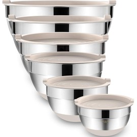 Umite Chef Mixing Bowls with Airtight Lids, 6 piece Stainless Steel Metal Nesting Storage Bowls, Non-Slip Bottoms Size 7, 3.5, 2.5, 2.0,1.5, 1QT, Great for Mixing & Serving (Khaki)
