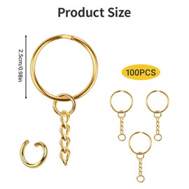 100Pcs Gold Keychain Ring Set,Splits Key Ring Hoops with Chain + Jump Rings
