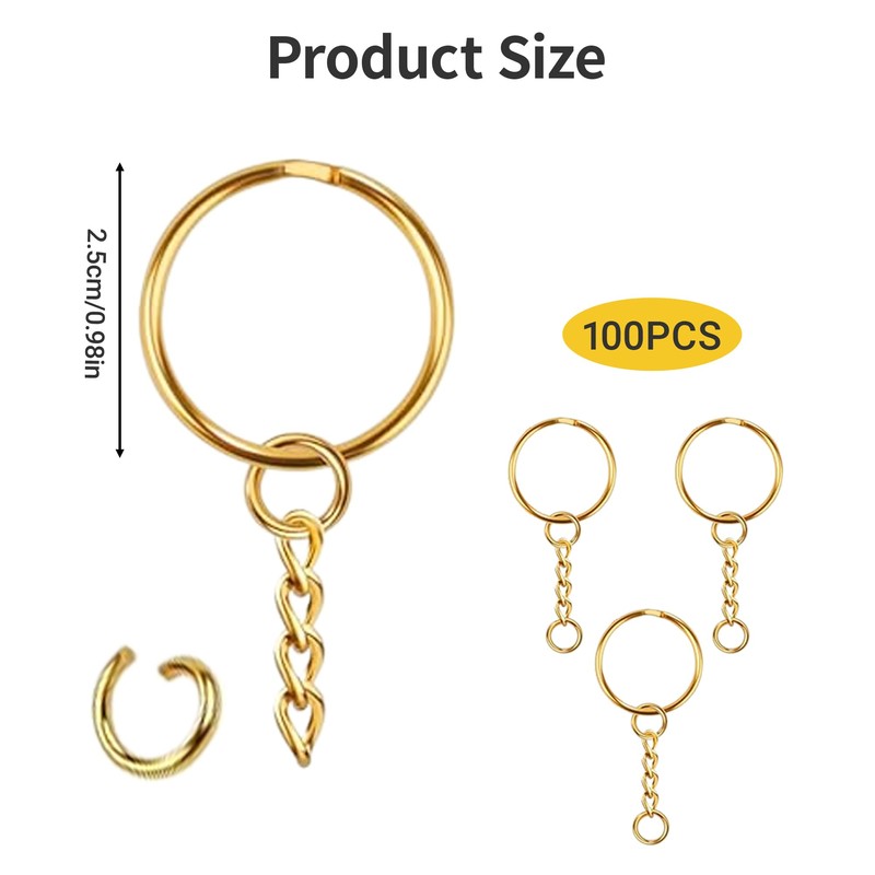 100Pcs Gold Keychain Ring Set,Splits Key Ring Hoops with Chain