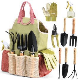 Gardening Tools Set of 10 - Complete Heavy Duty Garden Tools Set with Fashion Handbag - Durable Gardening Supplies Kit Ideal Garden Gifts for Women