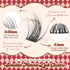 Lash Clusters 0.05mm PBT Fiber Eyelash Clusters, 0.1mm Superfine Invisiband D Curl Diy Lash Extension, 96pcs 8-16mm Individual Like Eyelash Extensions (Velvet-D-8-16Mix)