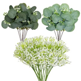 HONQX Artificial Eucalyptus Stems, 24 Pcs Gypsophila Artificial Flowers Greenery Foliage Faux Eucalyptus Plant Stems Leaves for Wedding