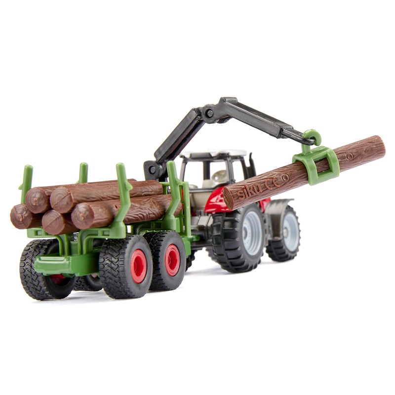 Siku 1134 Trattore Massey Ferguson con rimorchio forestale, gru di