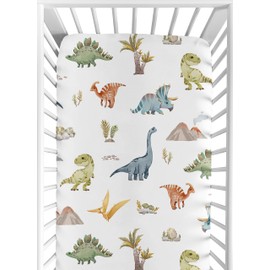 Sweet Jojo Designs Watercolor Dinosaur Dino Boy Baby Fitted Crib Sheet Set Infant Newborn Nursery Toddler Bed Room Standard Mattress 2p Blue Tracks Footprint Green Modern Dinosaurs Animal Nature