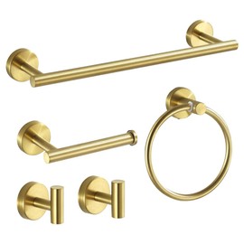 5-Pieces Matte Gold Bathroom Hardware Set, Stainless Steel Bath Towel Bar Set Wall Mounted, Includes 16 Inch Towel Bar, Toilet Paper Holder, Towel Ring, 2 Towel Hooks, Bathroom Accessories Kit (Gold)