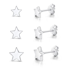 Cangall Women's 925 Silver Stud Earrings, 3 Pairs 925 Sterling Silver Star Square Cross Stud Earrings Set, Hypoallergenic Small Sleeping Cartilage Flat Silver Earrings Stud Earrings for Multiple Ear