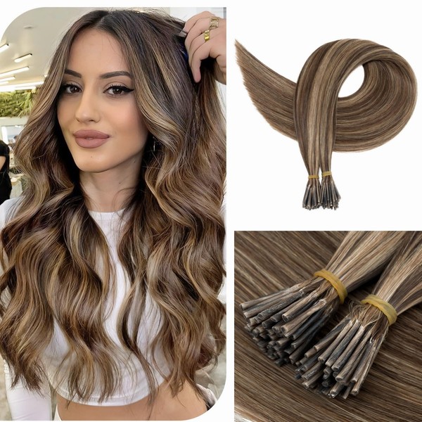 Benehair I Tip Hair Extensions 100% Real Hair Extensions Bondings Hair Extension Bondings 1 g/Share 50 g/Pack Hair Extension for Thinning 20 Inches Chocolate Brown Mixed Light Brown #4P27