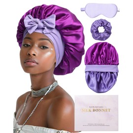 Mulberry Silk Bonnet for Sleeping Women Curly Hair Bonnet With Tie Band Double Layer Reversible Sleep Bonnet Silk Hair Wrap Sleep Cap (Purple)