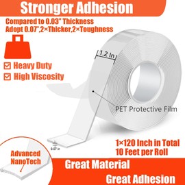 Double Sided Heavy Duty Extra Strong Adhesive Tape - 1.2 Inch x 10 feet - Removable Nano Tape for Poster Carpet Picture Hanging Strip Rug Wall Outdoor - Adhesive Multipurpose Clear Mounting Tape