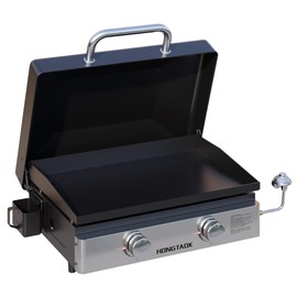 HongTaok 23 Inch Portable Propane Gas Grill with Lid & Ceramic Coated Baking Pan, Non-stick Tabletop Griddle Propane Outdoor Grill for Outdoor, Cooking, Barbecue, Camping Tailgating, 2 Burners