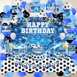 FrozzlyFun Soccer Birthday Decorations for Boys, 113Pcs Blue Soccer Ball Boy Bday Party Decor Supplies for - Backdrop, Banner, Tablecloth, Centerpieces, Hanging Swirls, Wall Signs
