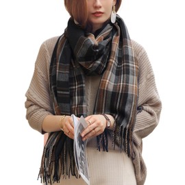 Rayson Scarf for Women Imitation Cashmere Winter Warm Cape Reversible Checked Thickened Medium Length Elegant Stole with Tassels, black
