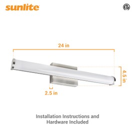 Sunlite 24-Inch LED Linear Bar Vanity Light Fixture, 25W (80W Equiv.), 1750 Lumens, Color Selectable 30K/40K/50K, 100-277V, Dimmable, 50,000 Hour Lifespan, ETL Listed, Brushed Nickel