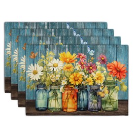 Rustic Daisy Placemats Set of 4 Vintage Flower Vases Wood Grain Linen Table Mats 12x18 Inch Summer Floral Wooden Board Farmhouse Washable Place Mat for Party Kitchen Dining Outdoor Indoor Decor