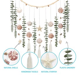 Artificial Eucalyptus Wall Decor with Seashell Coastal Decor Natural Home Decorations Hanging Wooden Bead Garland for Large Bedroom Bathroom Living Room, 32 x 32 Inch