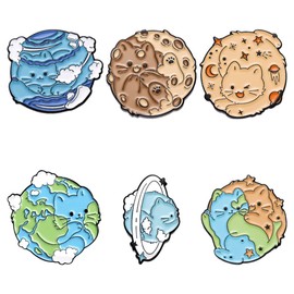 6 PCS Planet Cat Enamel Pins Set Cute Animal Lapel Pins Cartoon Planet Brooch Pin for Bookbags Clothes Jeans Shirt Bag Jewelry