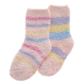4 Pairs Baby Girls Toddler Fluffy Slipper Socks with Non-Slip Grippers – Thermal Winter Anti-Skid Crew Socks (UK 12-24 Months, Pink/Baby Pink Stripes)