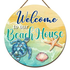 FUQWZ Welcome to Our Beach House Wooden Wall Sign - Coastal Entryway Decor - Nautical Cottage Plaque for Porch, Vacation Rental or Seaside Home. (070)