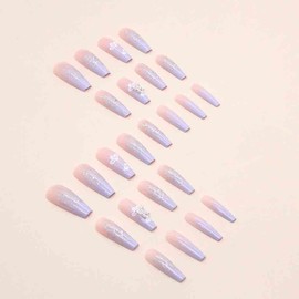 Foccna Purple Fake Nails Sequins Glitter Acrylic Flower Design Artificail Long Press on Nails, Purple Full Cover Fake Nails 3D Butterfly Rhinestone with Design Nail Tips for Women&Girls-24PCS