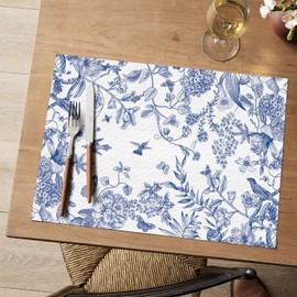 Artoid Mode Hydrangea Flowers Branches Chinoiserie Vinyl Placemats Set of 4, Wipeable Colorful Printing PVC Table Mats for Party Kitchen Dining Decor, 12x18 Inch