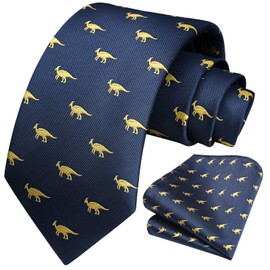 HISDERN Men's Ties Animal Pattern Tie Pocket Square Wedding Business Tie & Pocket Square Set, navy blue dinosaur, Unit size