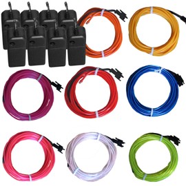 TDLTEK 8 Pack Neon Glowing Strobing Electroluminescent Wire/El Wire(Blue, Green, Red, White, Pink, Purple,Orange, Yellow) + 3 Modes Battery Controllers
