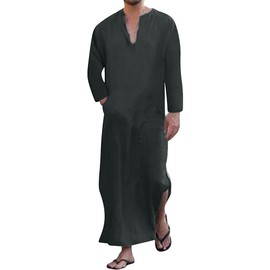 YAOHUOLE Men's V-Neck Long Sleeve Caftan Thobe Side Split Kaftan Long Gown Thobe with Pockets Black L