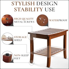 Teak shower bench with Storage Shelf, Shower Stool for Inside Shower, Waterproof Shower Bench Seat, Shower Chair for Inside Shower, Wood Bench, Bathroom Bench (Natural Color)