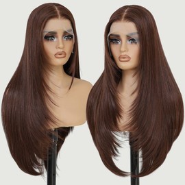 Synthetic 13x4 Lace Front Wigs Pre Plucked Auburn Wigs For Women Ready to Wear 26 Inch Long Layered Straight Wigs 100% Futura Premium Fiber Wig With Bangs Beginner Friendly Daily Party Use