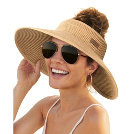 FURTALK Sun Visor Hats for Women Wide Brim Straw Ponytail Summer Beach Hat UV UPF Packable Foldable Travel Khaki