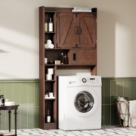 ChooChoo Over The Toilet Storage Cabinet, Farmhouse Bathroom Storage Cabinet with Barn Doors, Sliding Drawer, Adjustable Shelves, Space-Saving, Walnut