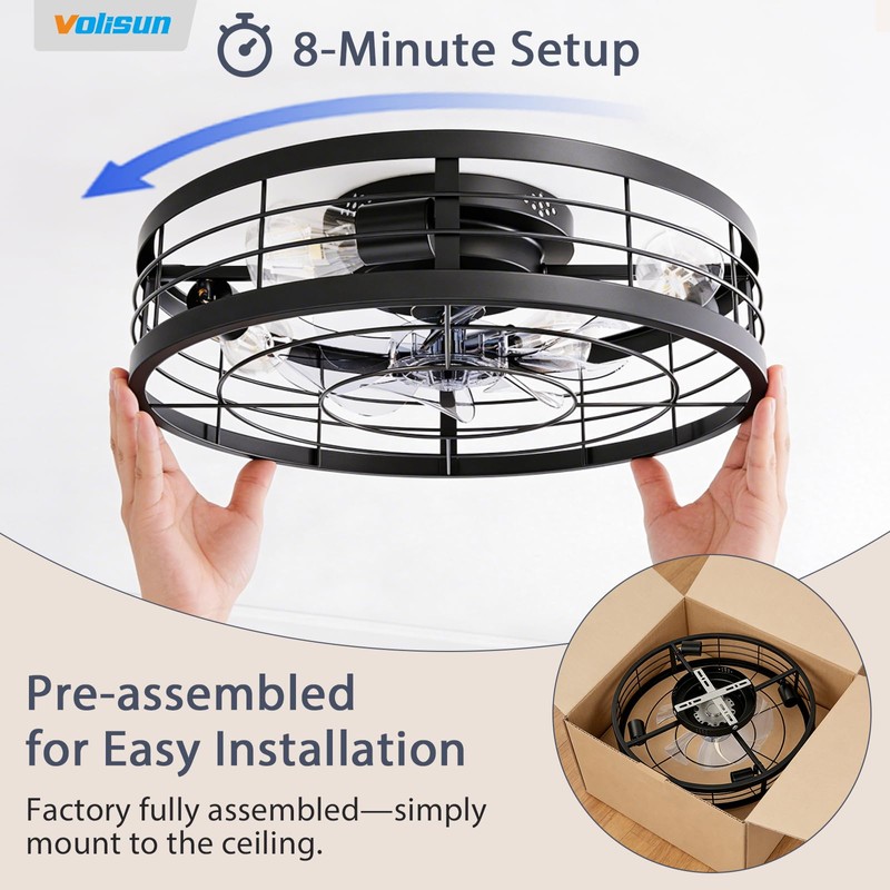 VOLISUN Caged Ceiling Fan with Light and Remote,19.7 inch Fandelier
