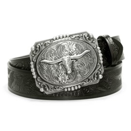 Moranse Western Cowboy Horse & Bull Style Buckle And Genuine Cow Leather Belts, Black Bull Head, 100CM(waistline:32"-34")