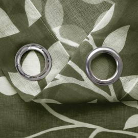 MRTREES Curtains with Eyelets Transparent Living Room Modern Short Window Set of 2, 160 cm Long, 140 cm Wide, Curtain Olive Green White Leaf Print Pattern Curtains Bedroom Children's Room Kitchen