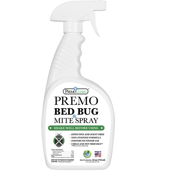Bed Bug & Mite Killer Spray by Premo Guard 24 oz – Fast Acting Bed Bug Treatment – Stain & Scent Free – Child & Pet Safe – Best Extended Protection – Natural & Non Toxic Formula