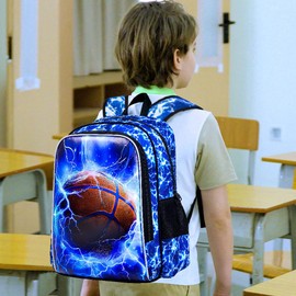 UFNDC 3PCS Kids Basketball Backpack, Boys Lightning School Bag with Lunch Box, 17" Water Resistant Bookbag for Teenagers Elementary Middle