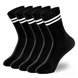 ACCFOD Striped Black Crew Socks for Women, 5 Pairs Thin Cute Retro Long Socks Vintage Fashion Athletic Aesthetic High Socks for Women 5-9