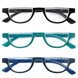 DXYXYO Half Moon Reading Glasses for Women, 3 Pack Small Semi Frame Readers with Spring Hinge Blue Light Blocking, 2.0 Black+greeb+blue