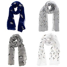 Zac's Alter Ego Set of 4 Ladies Lightweight Assorted Colour Mini & Large Penguin Print Scarf