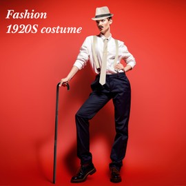 Neer 1920s Men Costume Accessories Outfit with Gangster Vest Hat Vintage Pocket Watch Bow Tie Suspenders Accessories(Large,Beige)