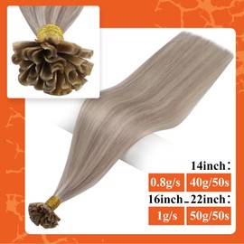Full Shine U Tip Hair Extensions Real Human Hair Color #18/613 Ash Blonde Hair Extensions 20 Inch Keratin Fusion Hair Extensions 50 Strands Nail Tip Hair Extensions