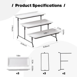Unbreakable 3 Tier Serving Tray for Party, 11.8" x 5.2'' Melamine Platters for Serving Party Entertaining, White Tiered Serving Trays Platters with Black Metal Display Stand for Veggie Fruit Dessert
