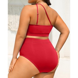 Tempt Me Women Plus Size High Waisted Bikini Two Piece One Shoulder Swimsuit Red 18 Plus