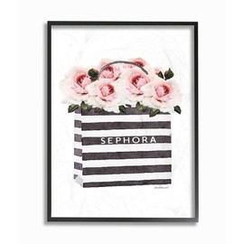 The Stupell Home Décor Collection Striped Makeup Shopping Bag Filled with Pink Roses Framed Giclee Texturized Art, Multi-Color