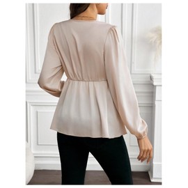MakeMeChic Women's Maternity Blouse Twisted V Neck Lantern Sleeve Elegant Pregnancy Peplum Tops Apricot Large