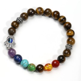 MILAKOO Lapis Lazuli/Tiger's Eye Hamsa Hand Bracelet with 7 Chakra Lava Stone Beads 8 mm, Stone