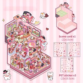 DIY 3D House Stickers, 3D Stickers Scene Set – Cute Cartoon Scenery House Stickers for Kids and Adults, Stress Relief Craft Activity, Simulated Cabin Decoration, Fun Home Cottage Sticker Therapy