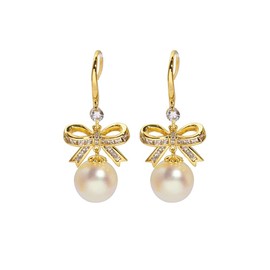 MIKAMU 14K Gold Ribbon Bow Stud Earrings for Women CZ cubic zirconia Gold Plated Dainty Pearl Earring for Women Jewelry (gold)