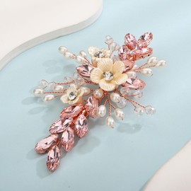 Teyglen Hair Clip Crystal Bridal Pink Flower Rhinestone Handmade Pearls Hair Pieces Barrette Wedding Accessories for Bride Girls